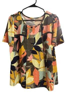 Cato Tropical Leaf Print Eyelet Short Sleeve Top with Crochet Trim Size L